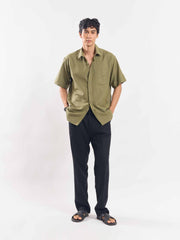 Olive Green Half Sleeve Linen Shirt